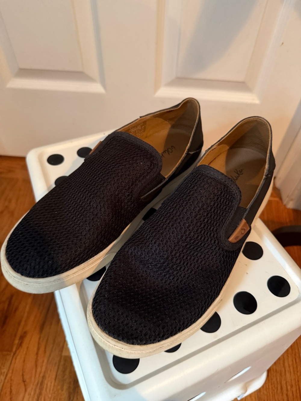 OluKai Black Mesh Slip-On Loafers with Cream Soles